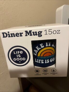 Life Is Good Navy Blue Mug with Sunset and 'Take It Easy' Graphic